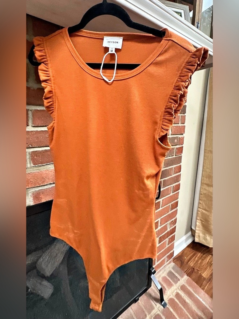 Heyson Ruffle Sleeved Ribbed Bodysuit Orange Size Medium